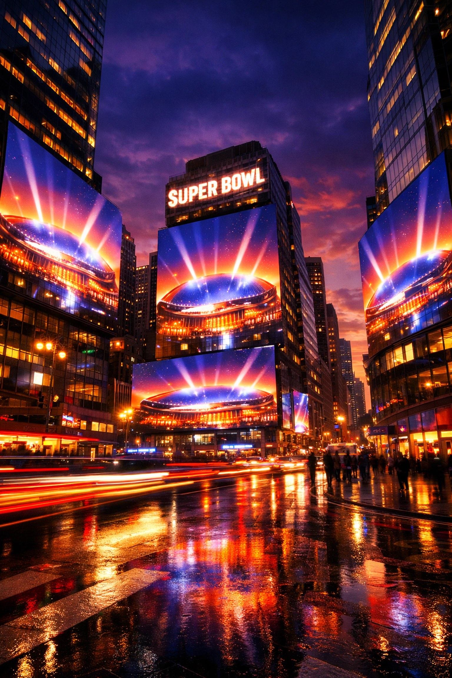 Large synchronized digital billboards on city skyscrapers demonstrating city-wide DOOH advertising.