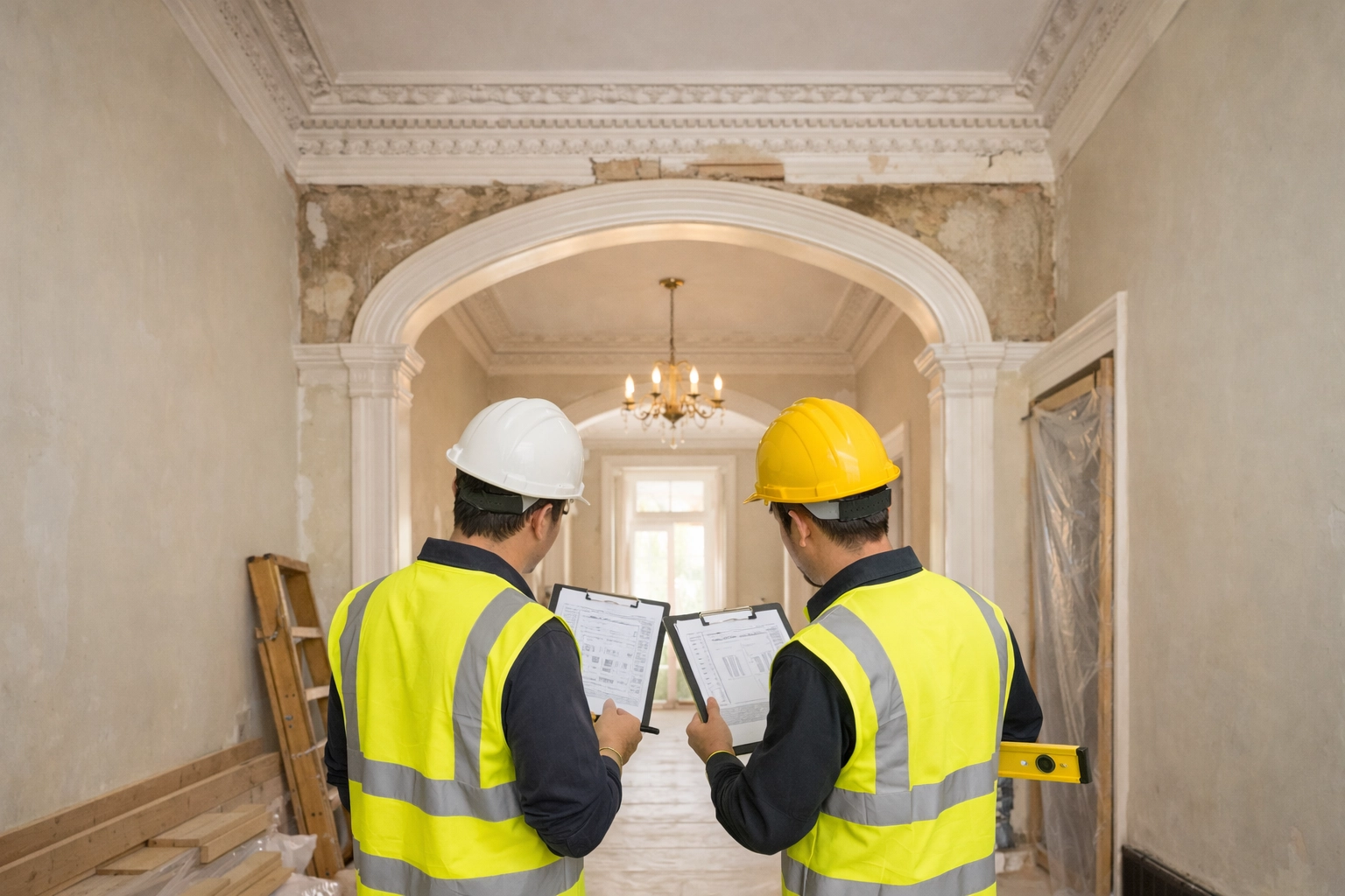 Professional contractors reviewing renovation plans highlighting the need for liability insurance cover