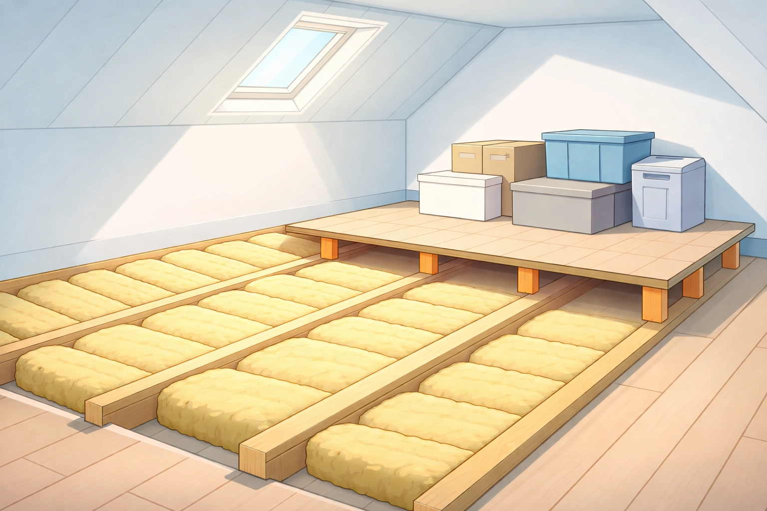 Freshly insulated loft with mineral wool and raised boarding for storage in a Manchester terrace