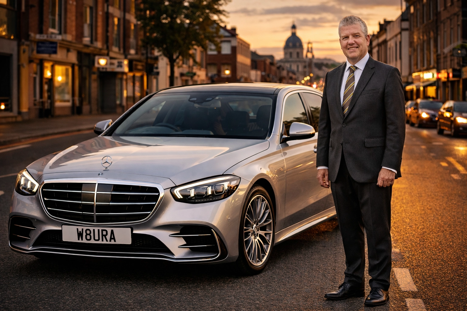 Professional chauffeur hire Nottingham airport meet and greet service with a luxury silver Mercedes-Benz.