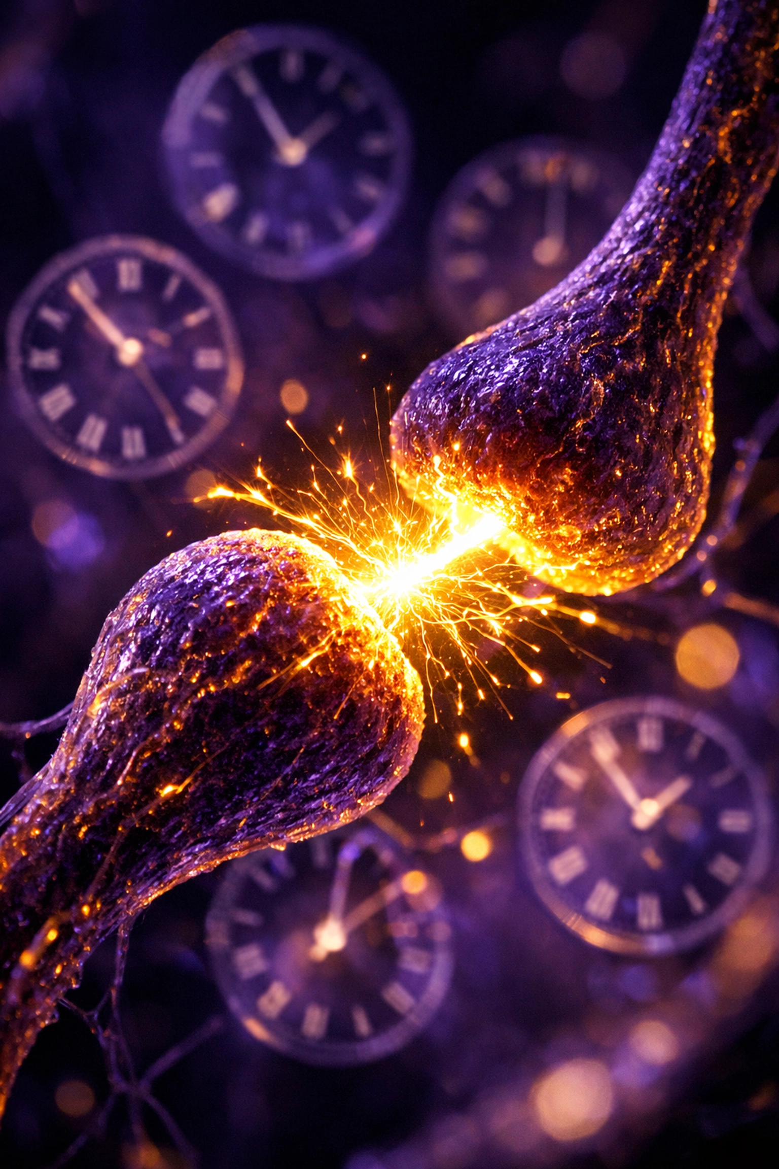 Microscopic view of neural synapses firing to strengthen memory through the spacing effect.