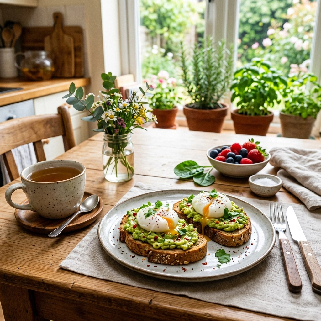 A healthy, vibrant breakfast spread featuring two slices of toasted gluten-free bread topped with mashed avocado, chili flakes, and a poached egg.