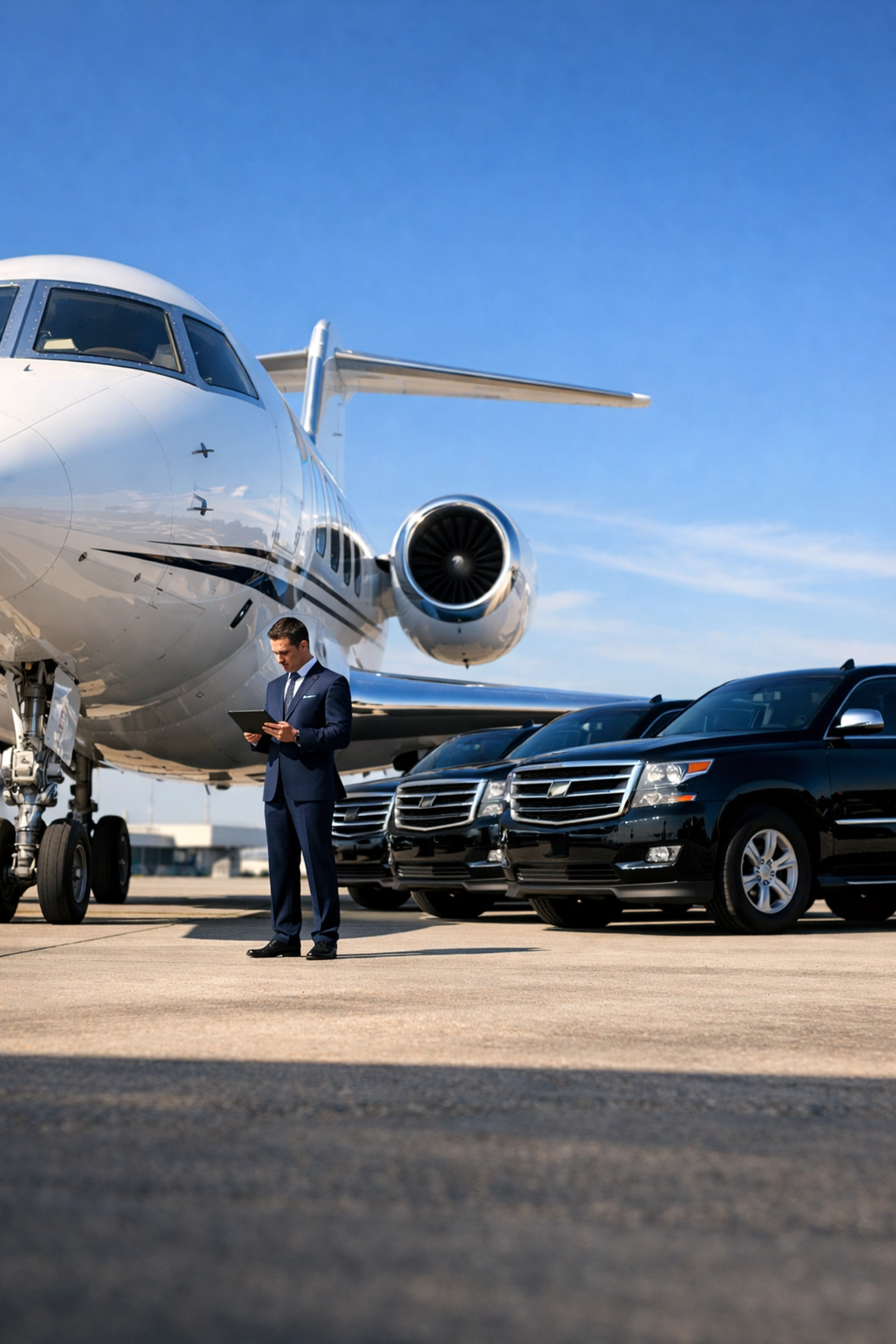 Private jet and executive SUVs on a tarmac ready for Super Bowl corporate travel logistics.