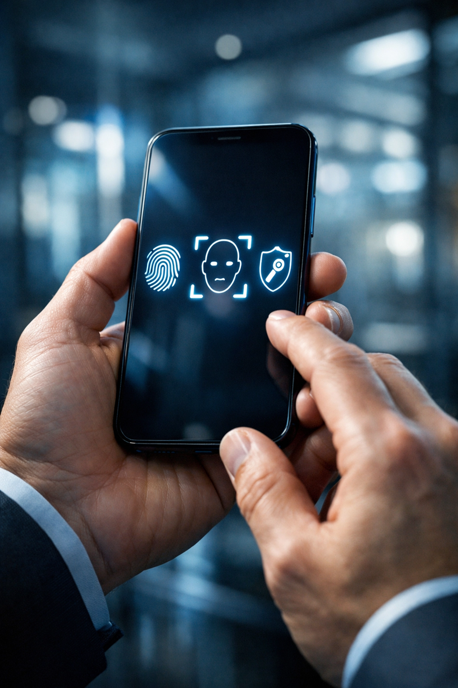 Business professional holding smartphone displaying multiple authentication method options for MFA security