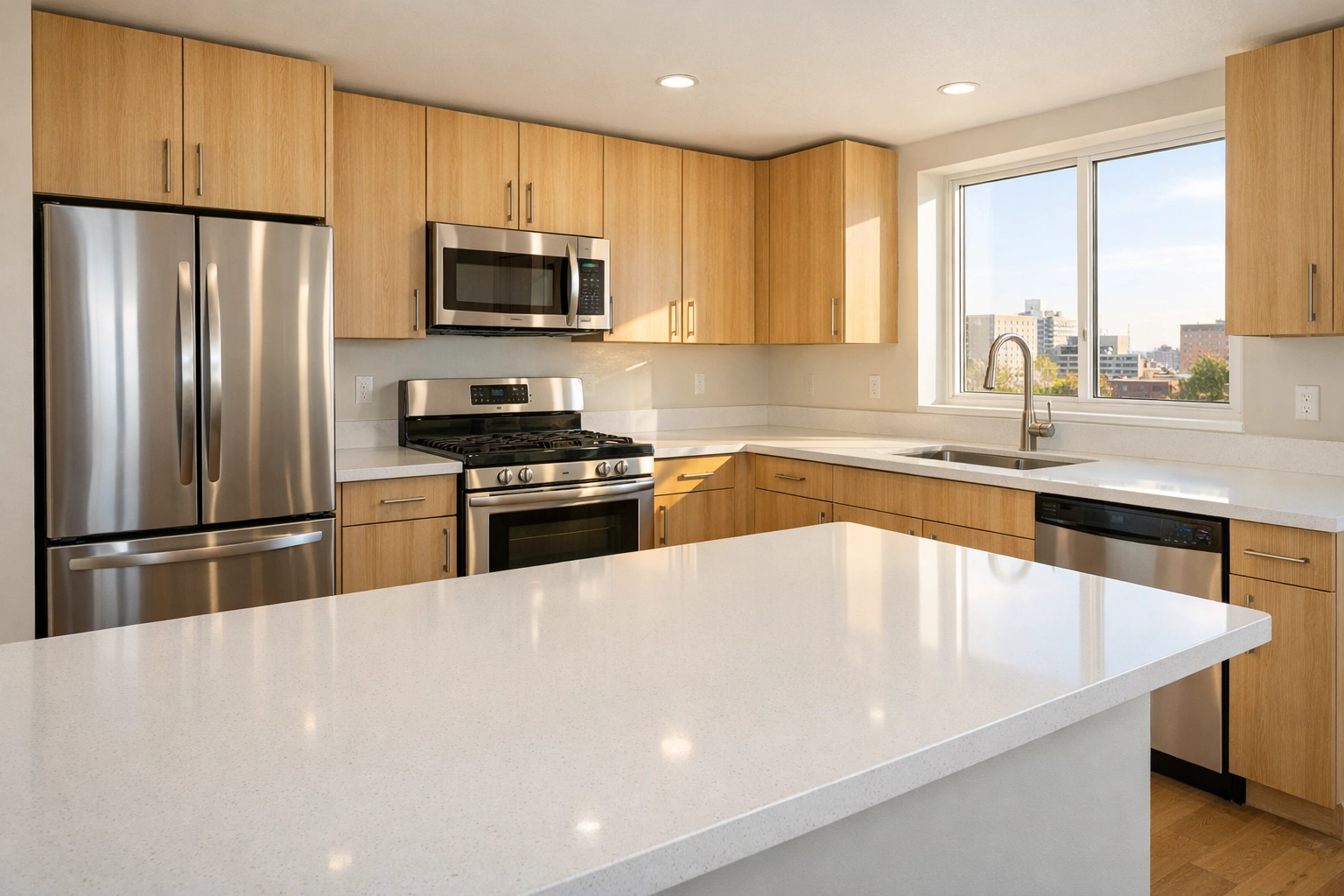 Deep cleaned apartment kitchen in a Detroit multifamily building ready for new tenants.