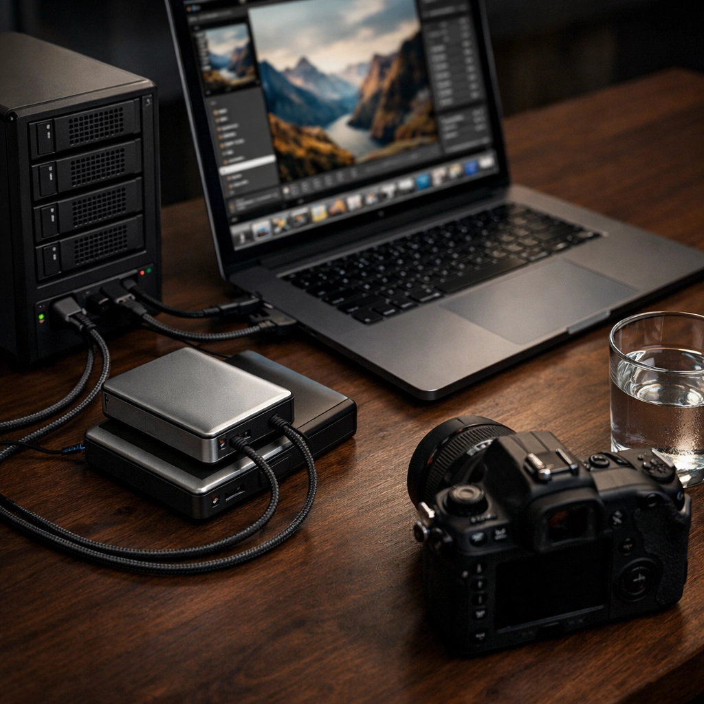 A professional editing workspace with high-speed SSD storage for 100-megapixel camera files.