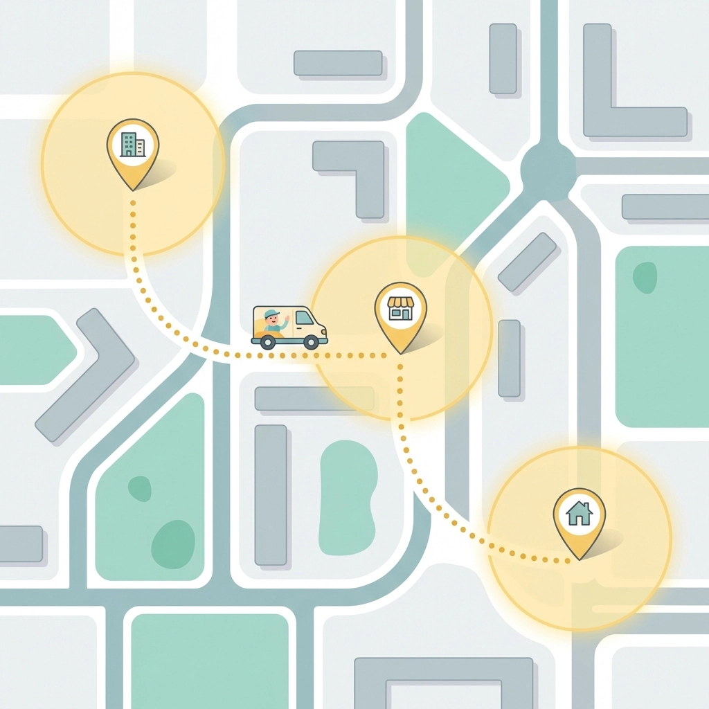 A city map with service van route and time buffers to illustrate scheduling and travel time management