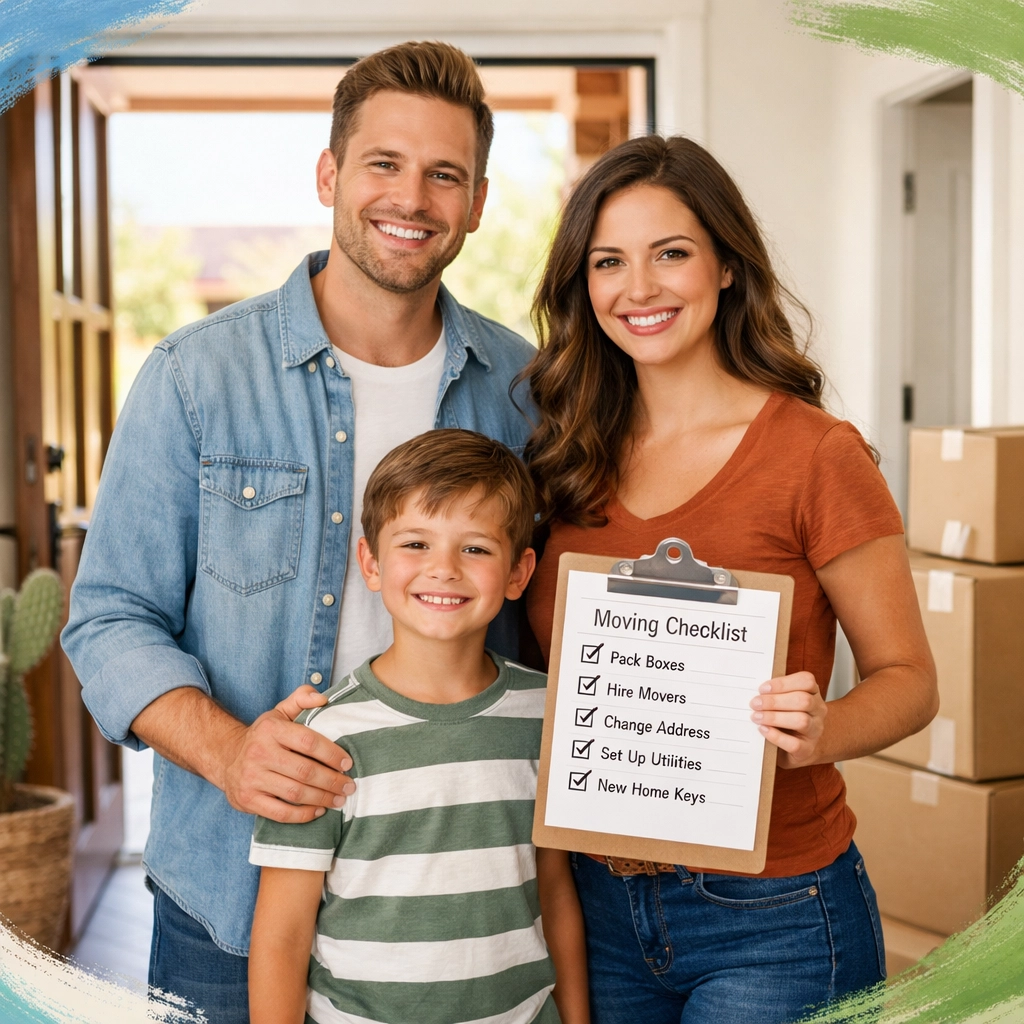 Arizona family with moving checklist planning home updates in new house entryway