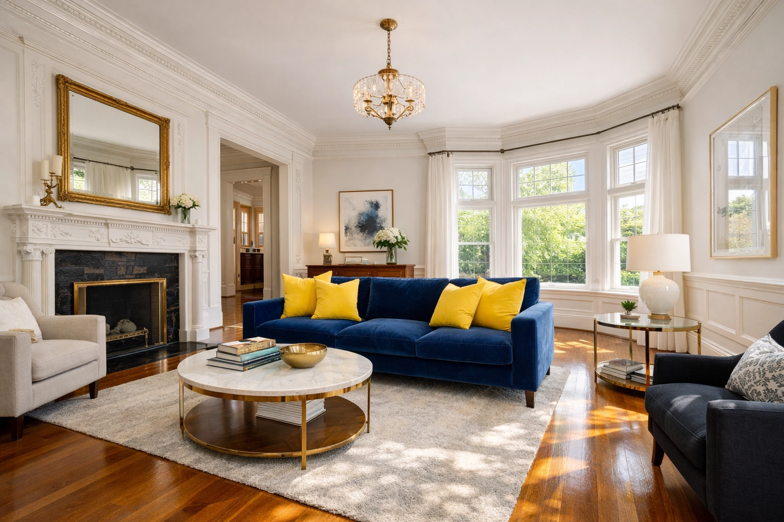 Sun-drenched luxury living room in West Cambridge cleaned with eco-friendly house cleaning Cambridge MA methods.