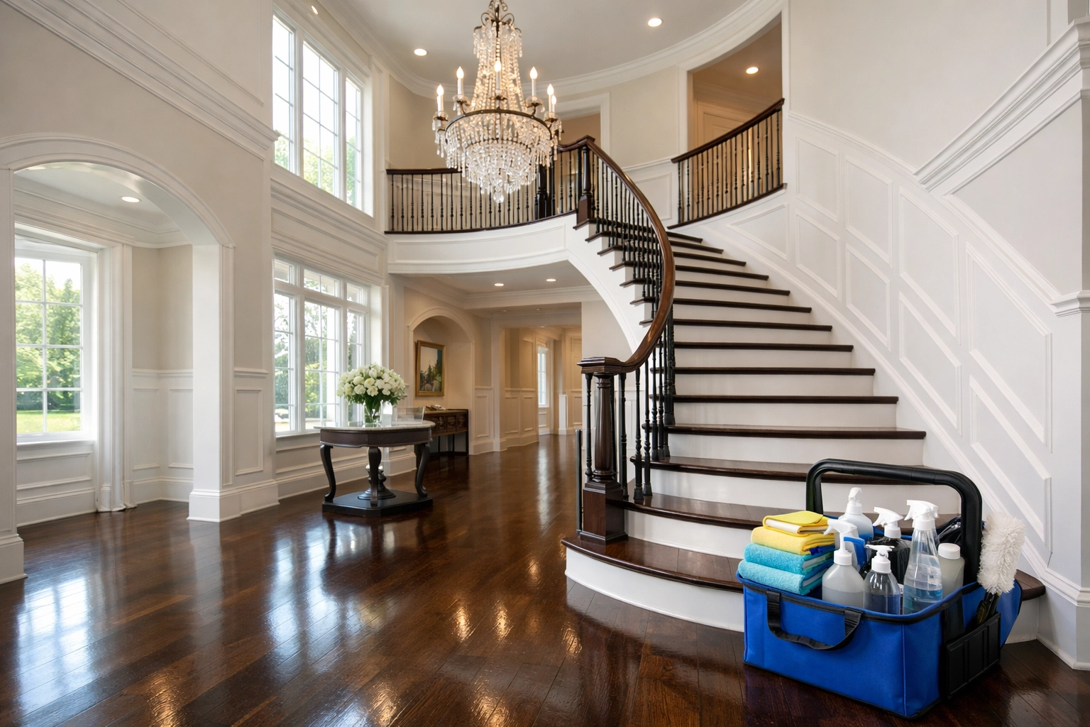 Spotless Weston home foyer after residential cleaning Massachusetts services following a home renovation.
