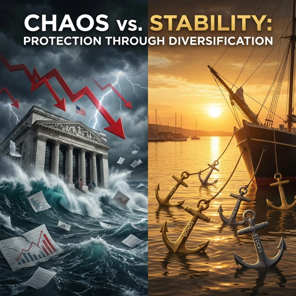 Market landscape split between turmoil and stability, highlighting portfolio diversification benefits.