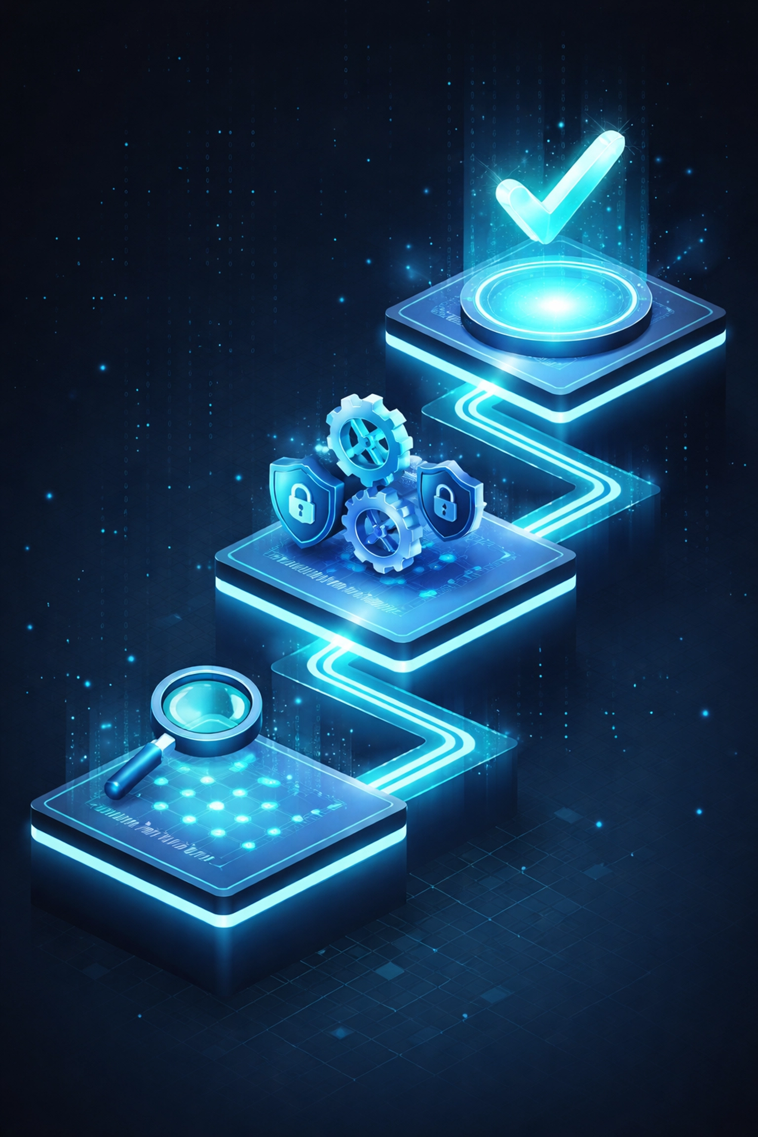 Three glowing compliance stages illustrating the assessment, implementation, and verification process