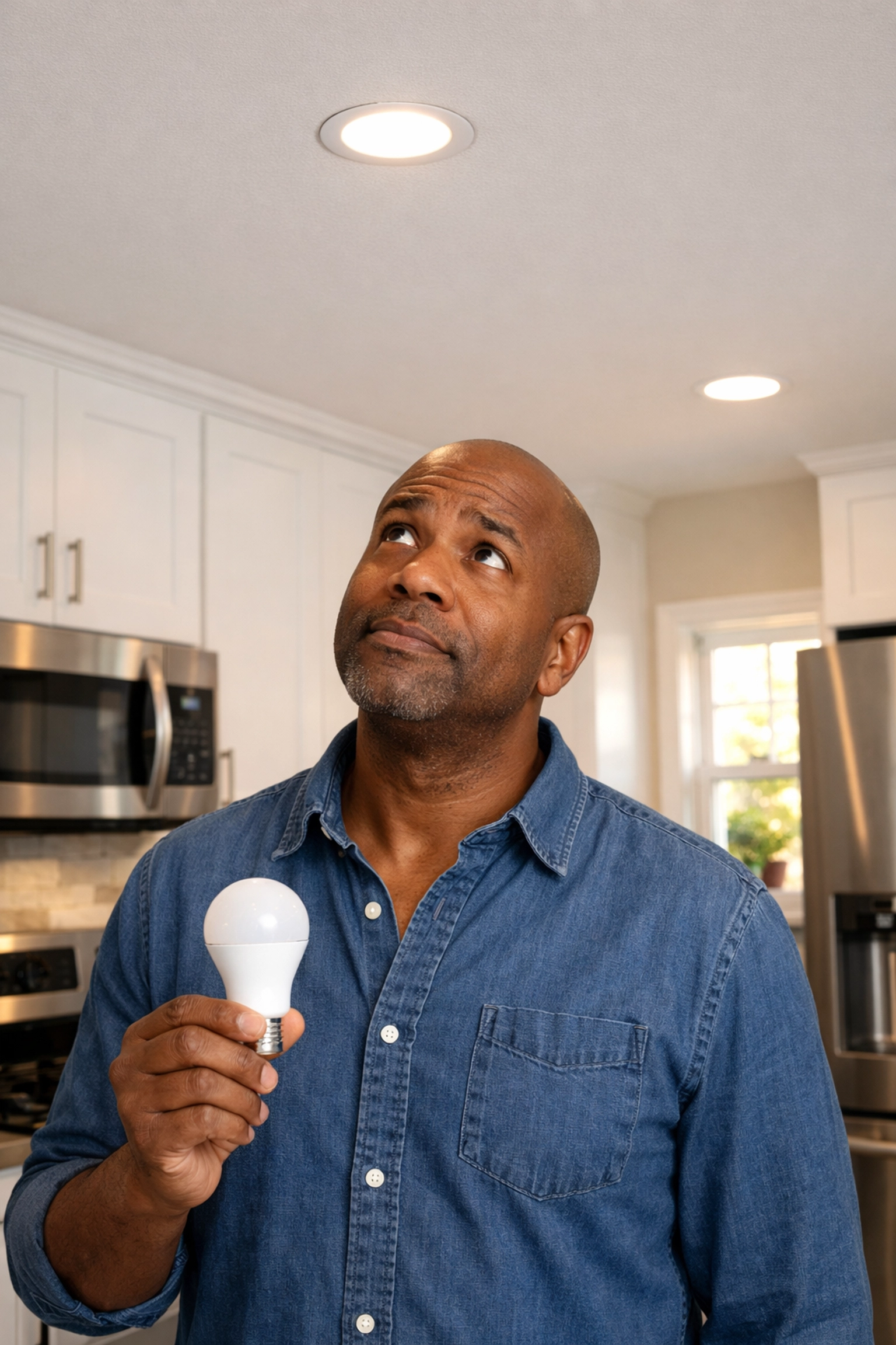 Homeowner holding LED bulb while checking recessed light fixture for flickering issues in kitchen