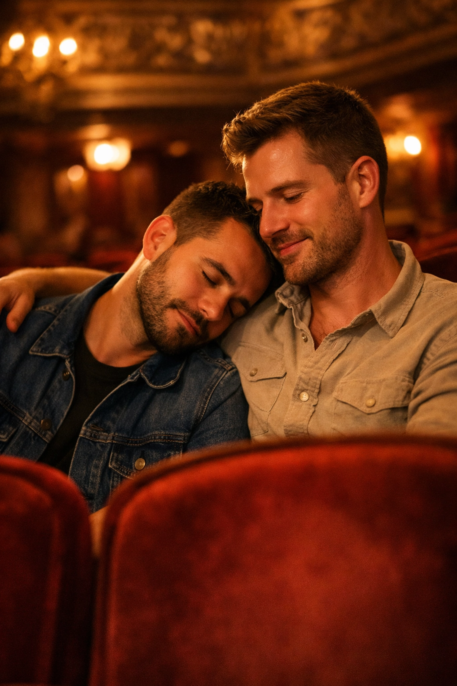 Gay couple sharing intimate moment at opera house demonstrating LGBTQ+ emotional connection