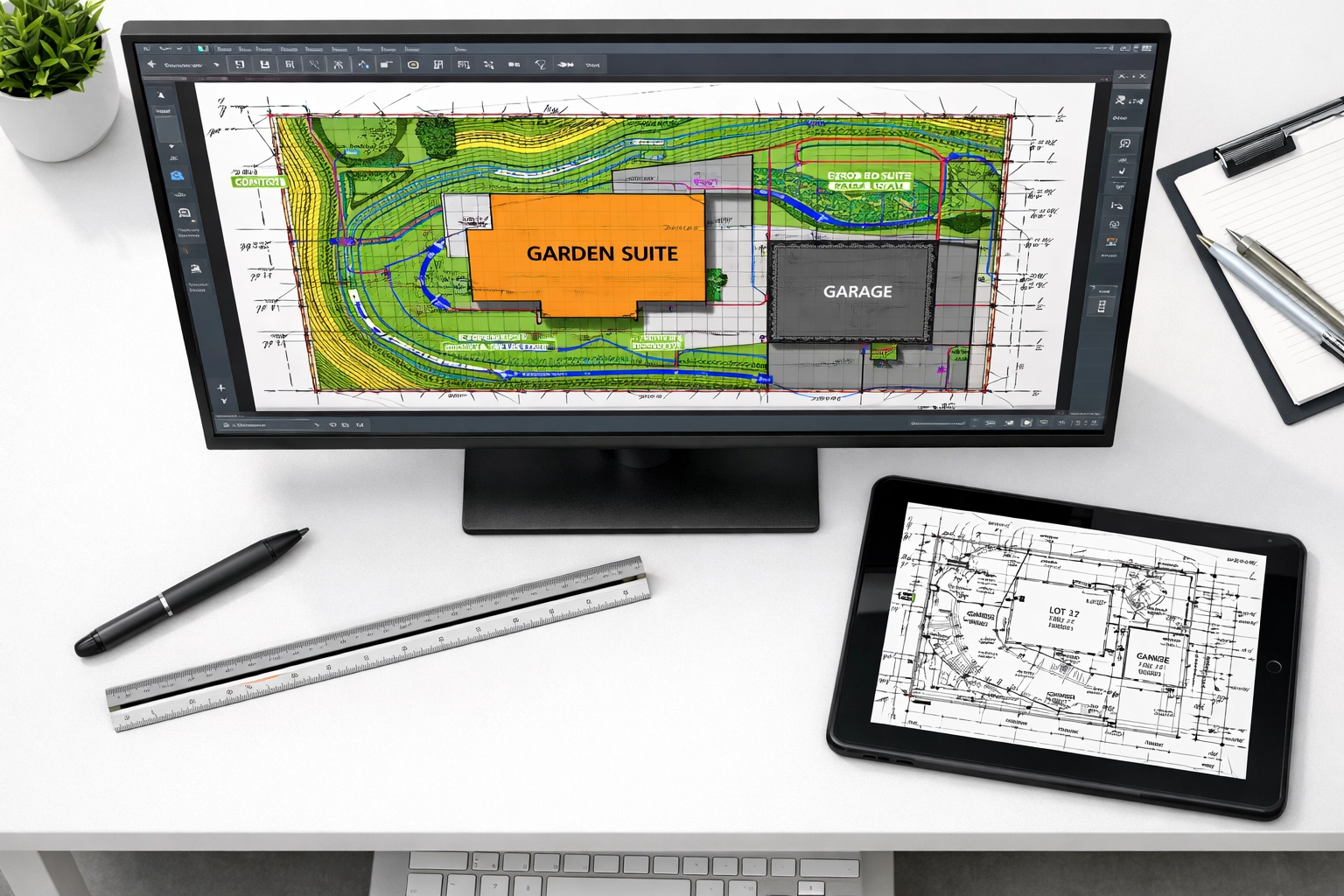 Professional site grading and drainage plan for a GTA garden suite shown on an engineering workstation.