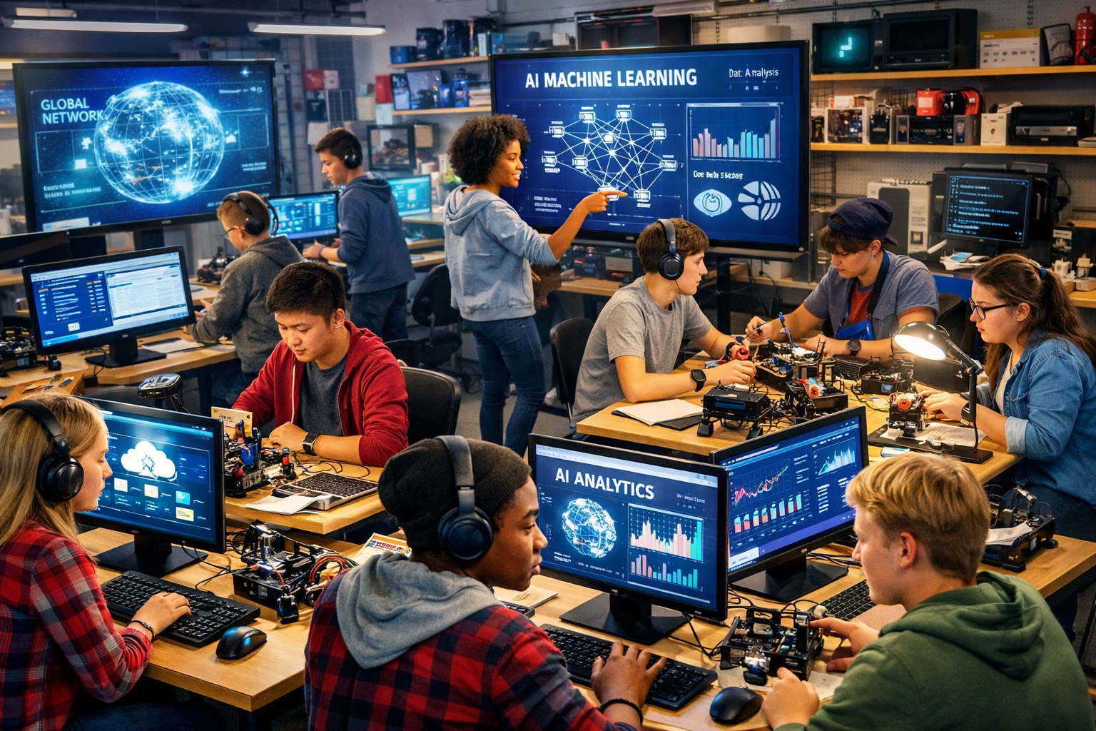 High school students learning cloud computing, AI, and data analytics in technology lab