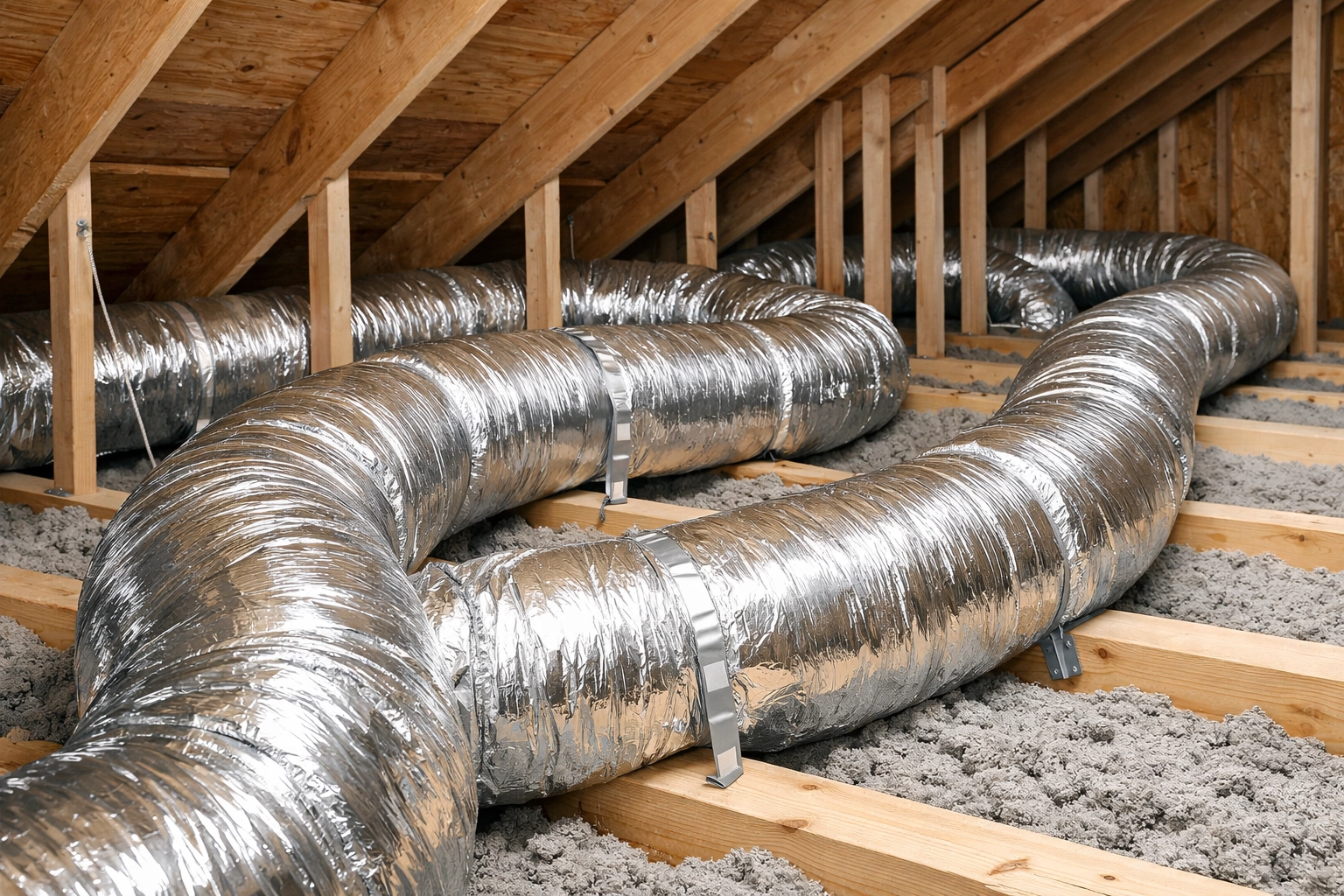 Insulated HVAC ductwork in attic; air leaks can cause moisture buildup, mold removal, and dehumidification needs