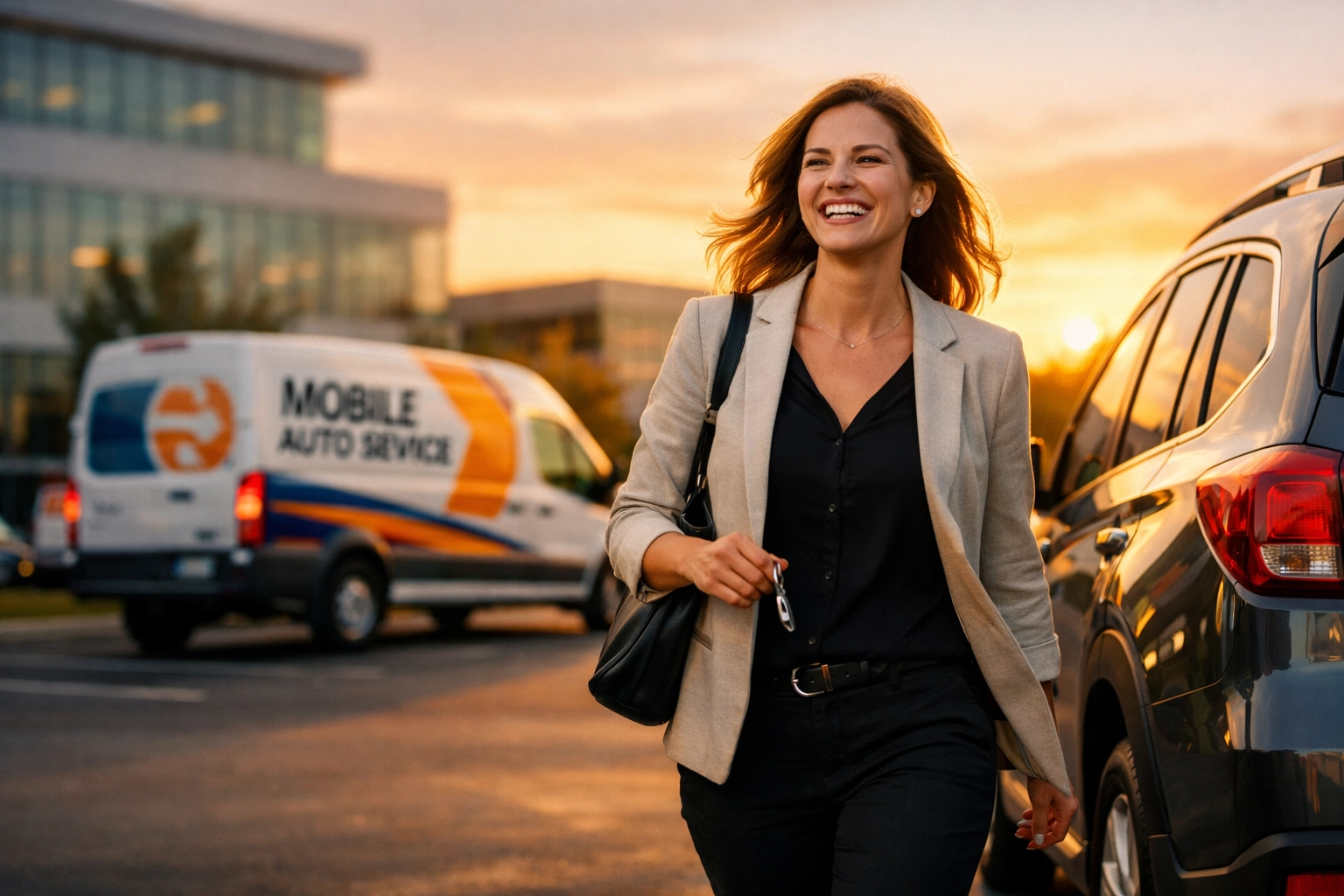 Happy employee walking to her SUV after onsite mobile auto service in Green Bay.