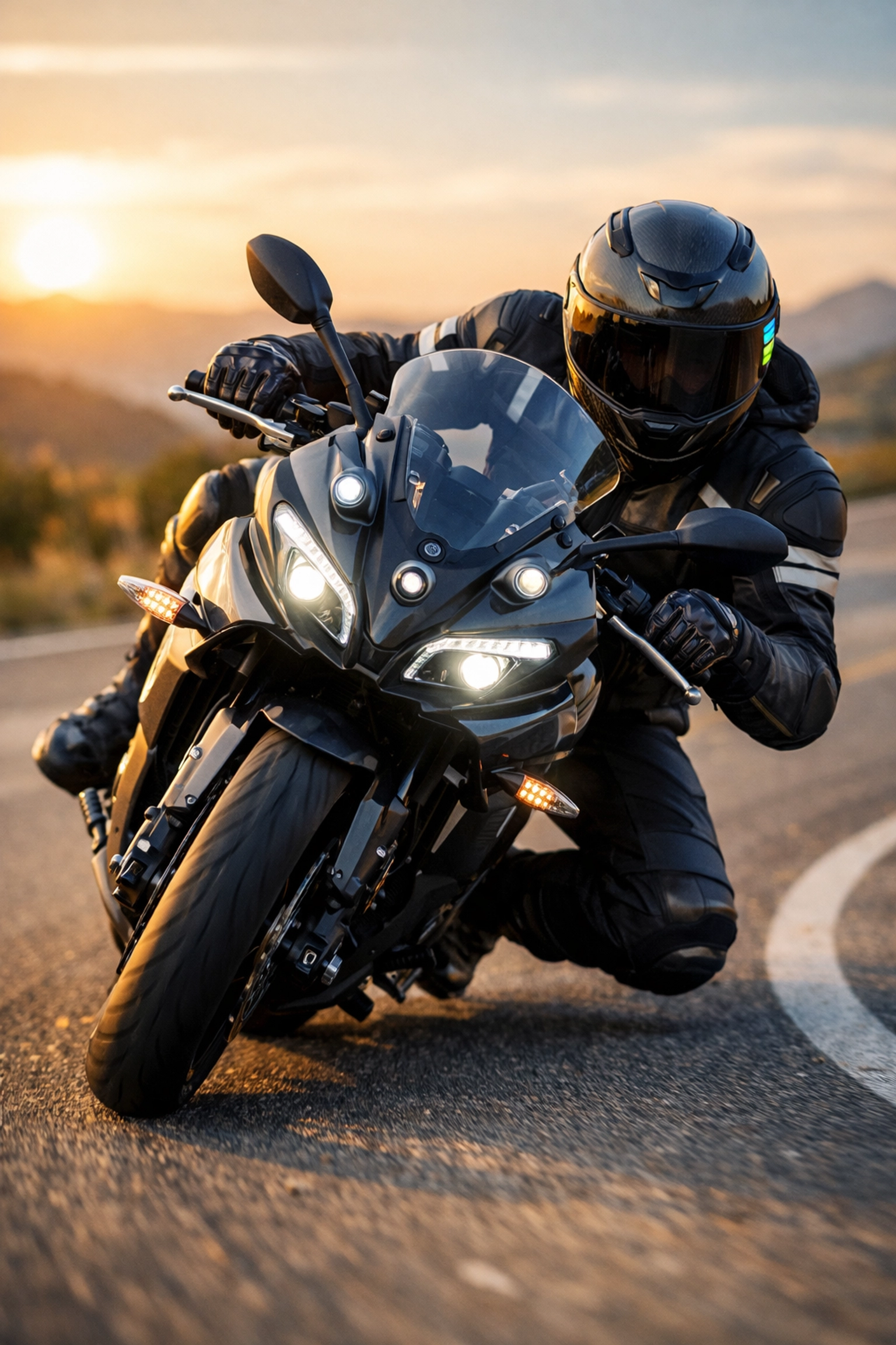 Skilled motorcycle rider in full safety gear cornering on a scenic road, demonstrating advanced rider education.