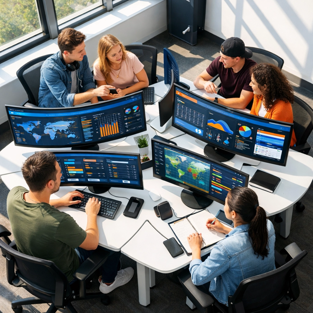 Modern learning pod workspace with collaborative computer workstations for tech career training