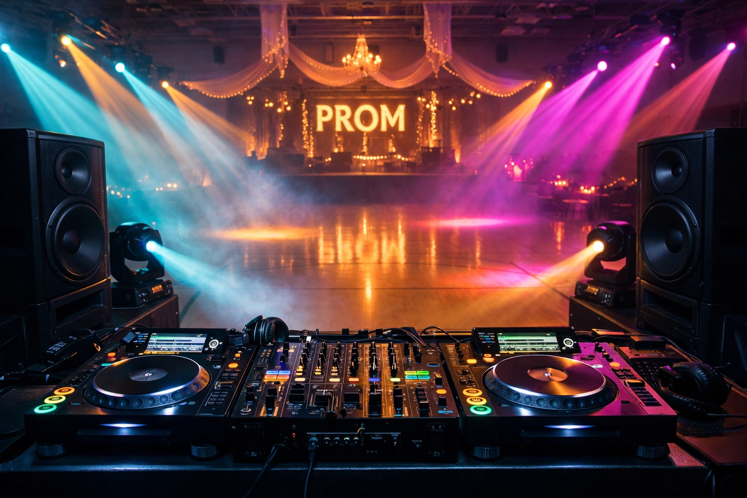 Professional DJ equipment setup for school prom with stage lighting