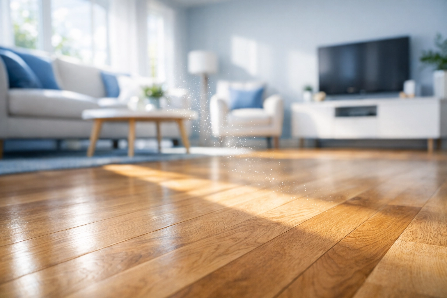 Hardwood flooring in modern living room with natural sunlight showing clean surface for better air quality