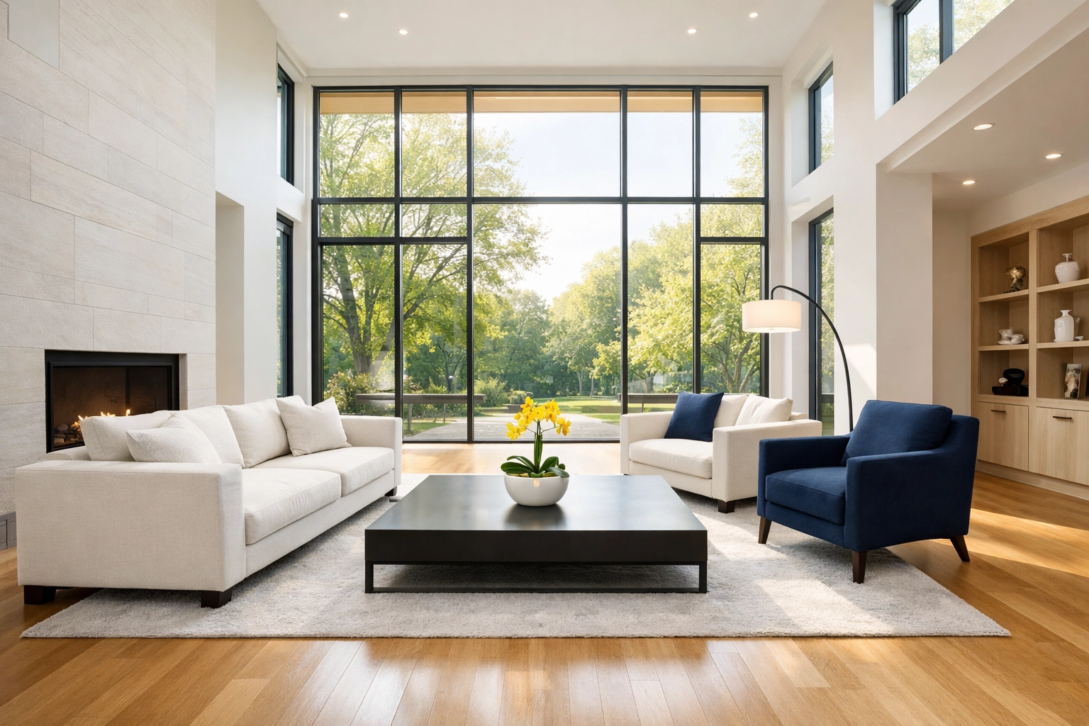 A spotless contemporary Lincoln living room with polished hardwood floors and bright natural light.
