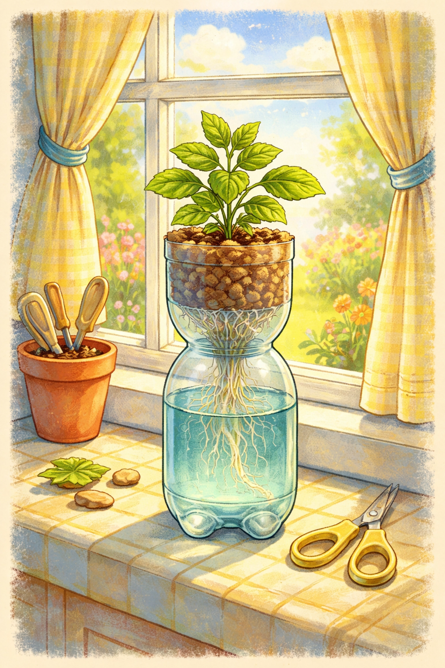 Illustration of a completed soda bottle hydroponic planter with growing medium on a sunny windowsill, ready for planting seeds.