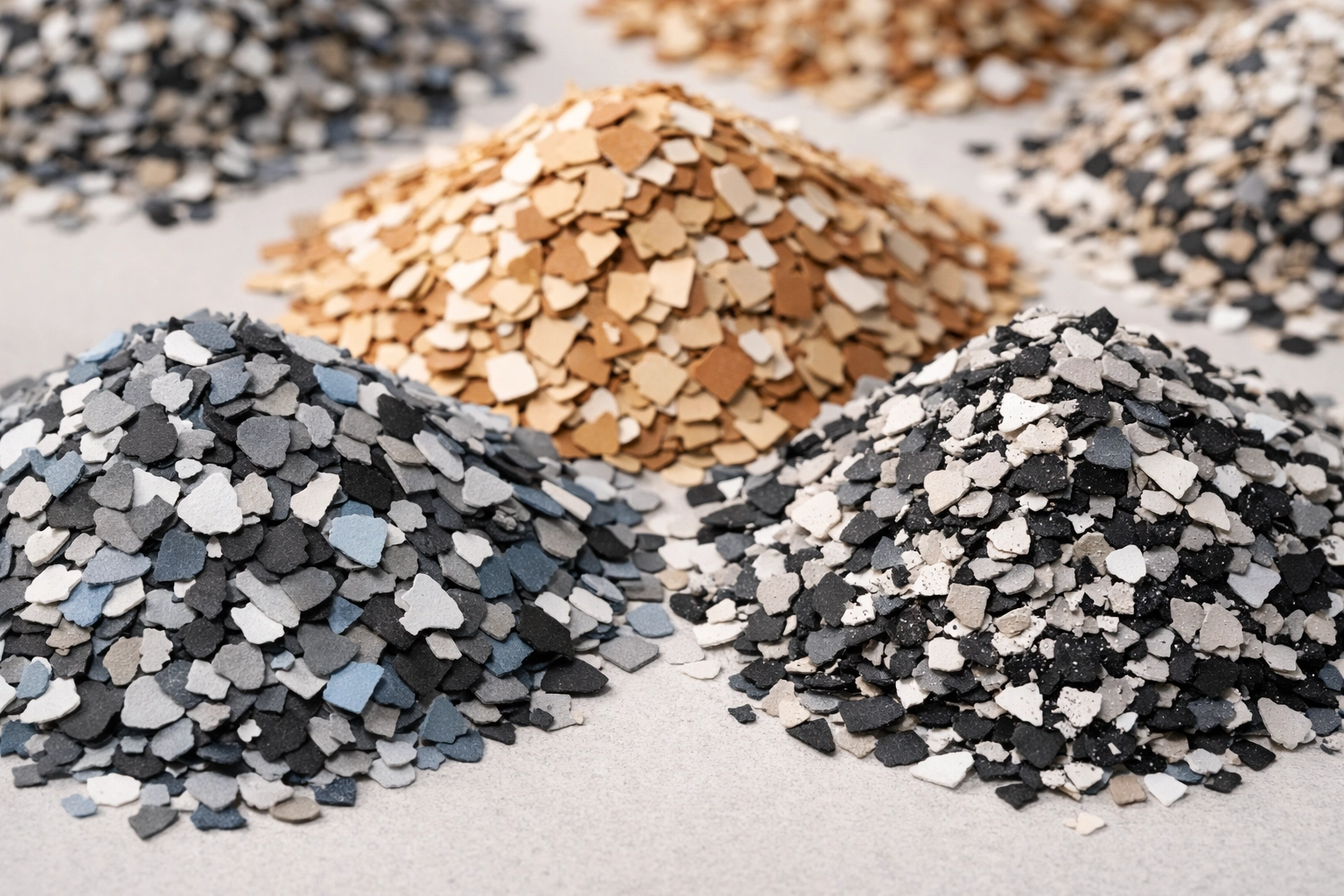 Decorative polymer flake color blends for customized commercial concrete floor coatings.