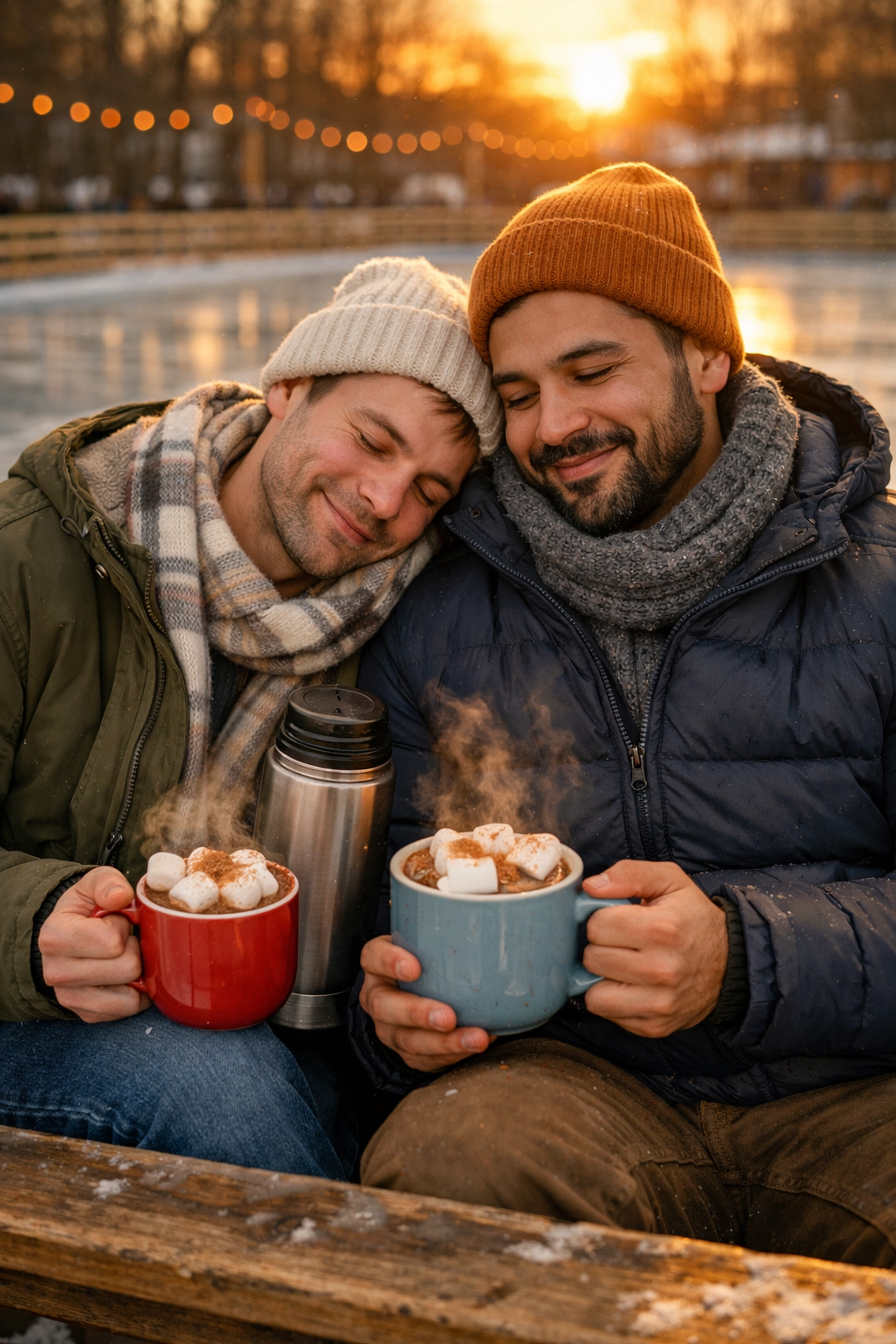 A gay couple sharing hot cocoa on a bench after an ice skating date, reflecting a heartfelt gay love story.