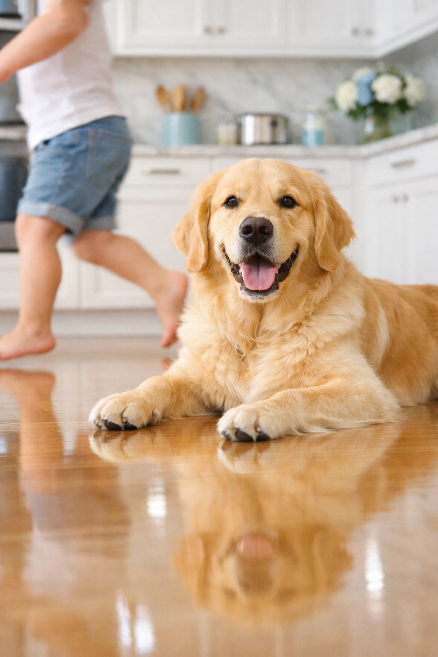 Happy dog on clean hardwood floors cleaned with pet-safe, eco-friendly house cleaning products.