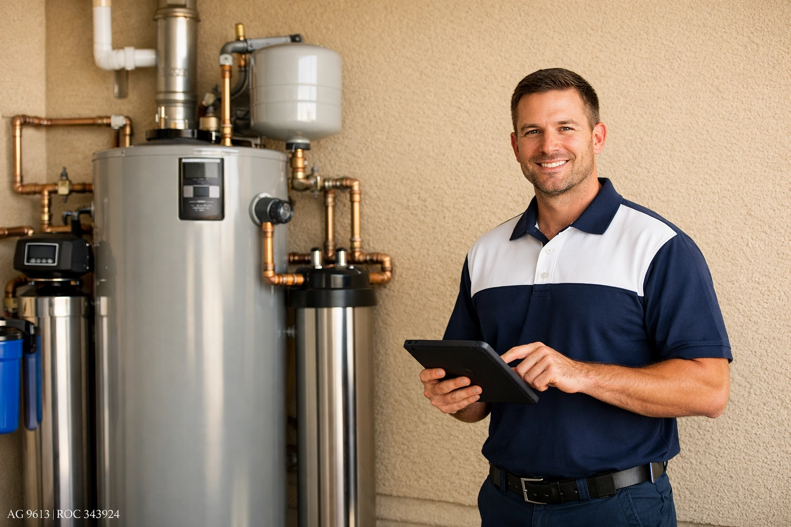 Top-rated plumber in Gilbert AZ inspecting a high-efficiency water heater and home water filtration system.