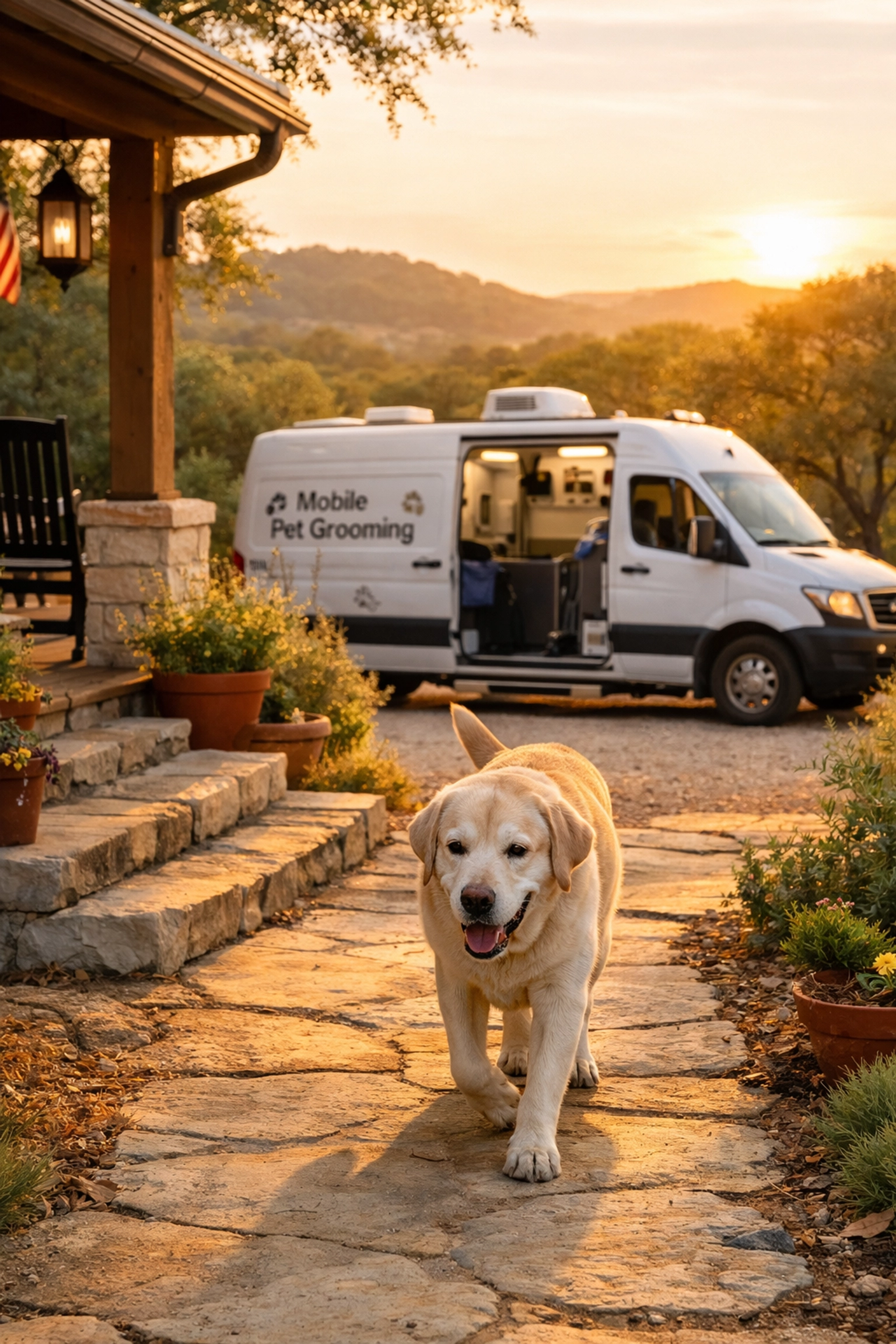 Mobile dog grooming van parked at Texas Hill Country home with senior Labrador approaching