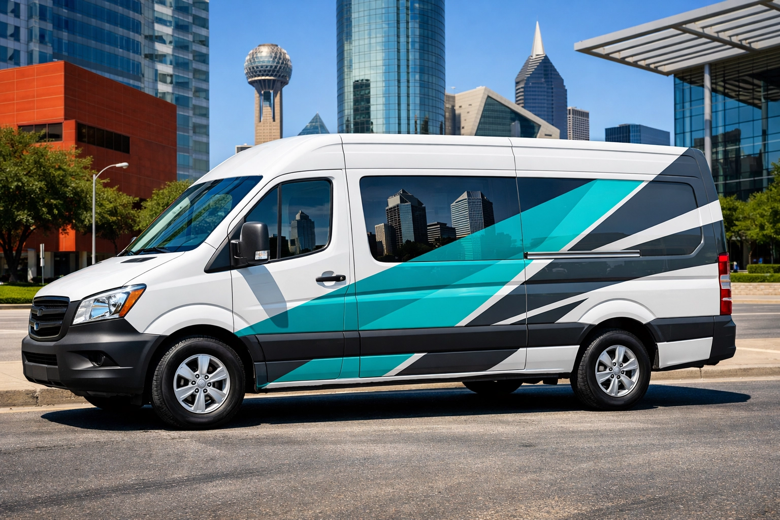 Commercial van with a custom partial vinyl wrap parked in the Dallas Arts District.