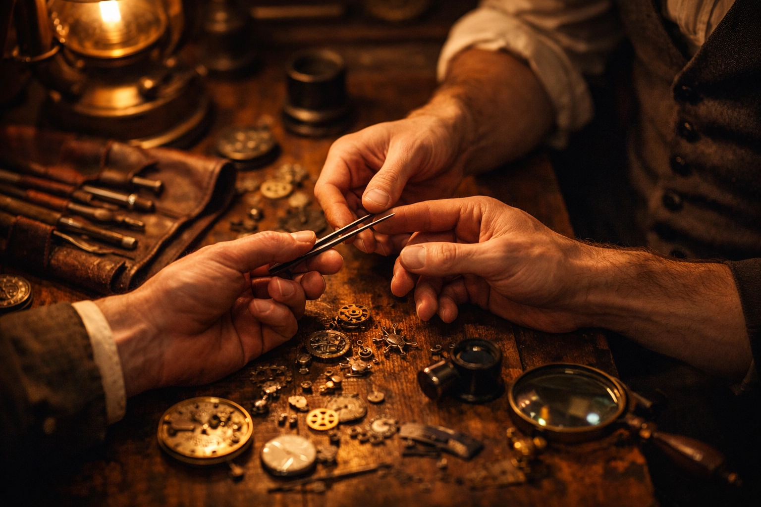 Two men's hands work intimately over antique watch gears in 19th-century Swiss workshop