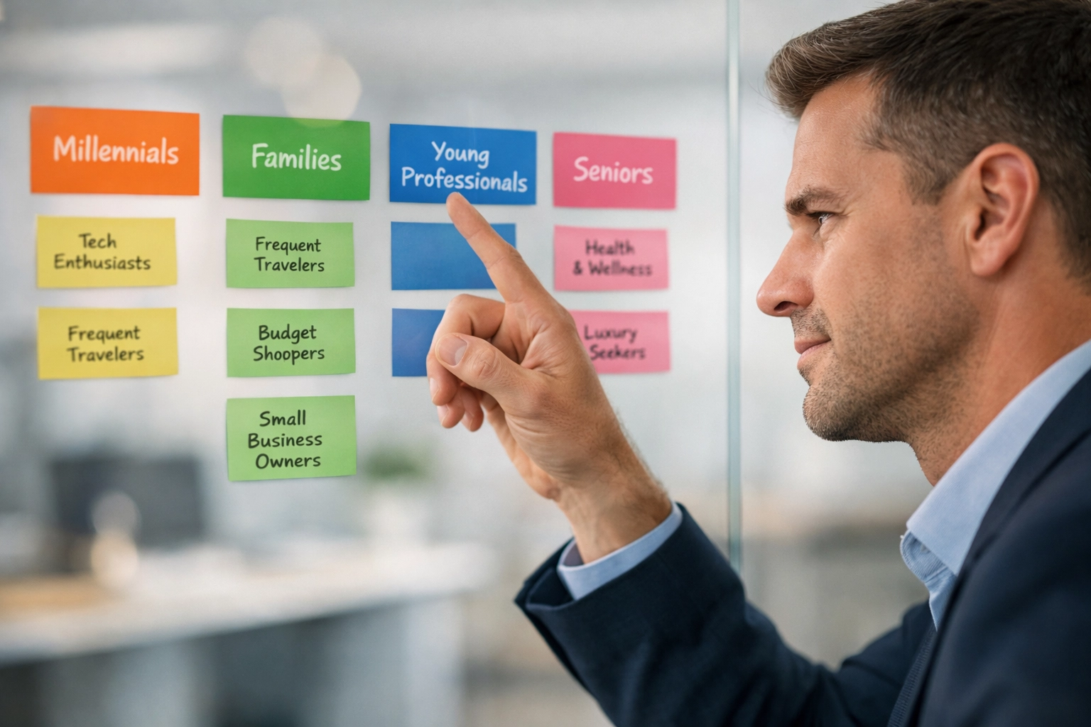 A business strategist organizing color-coded customer segments to improve lead targeting and nurturing.