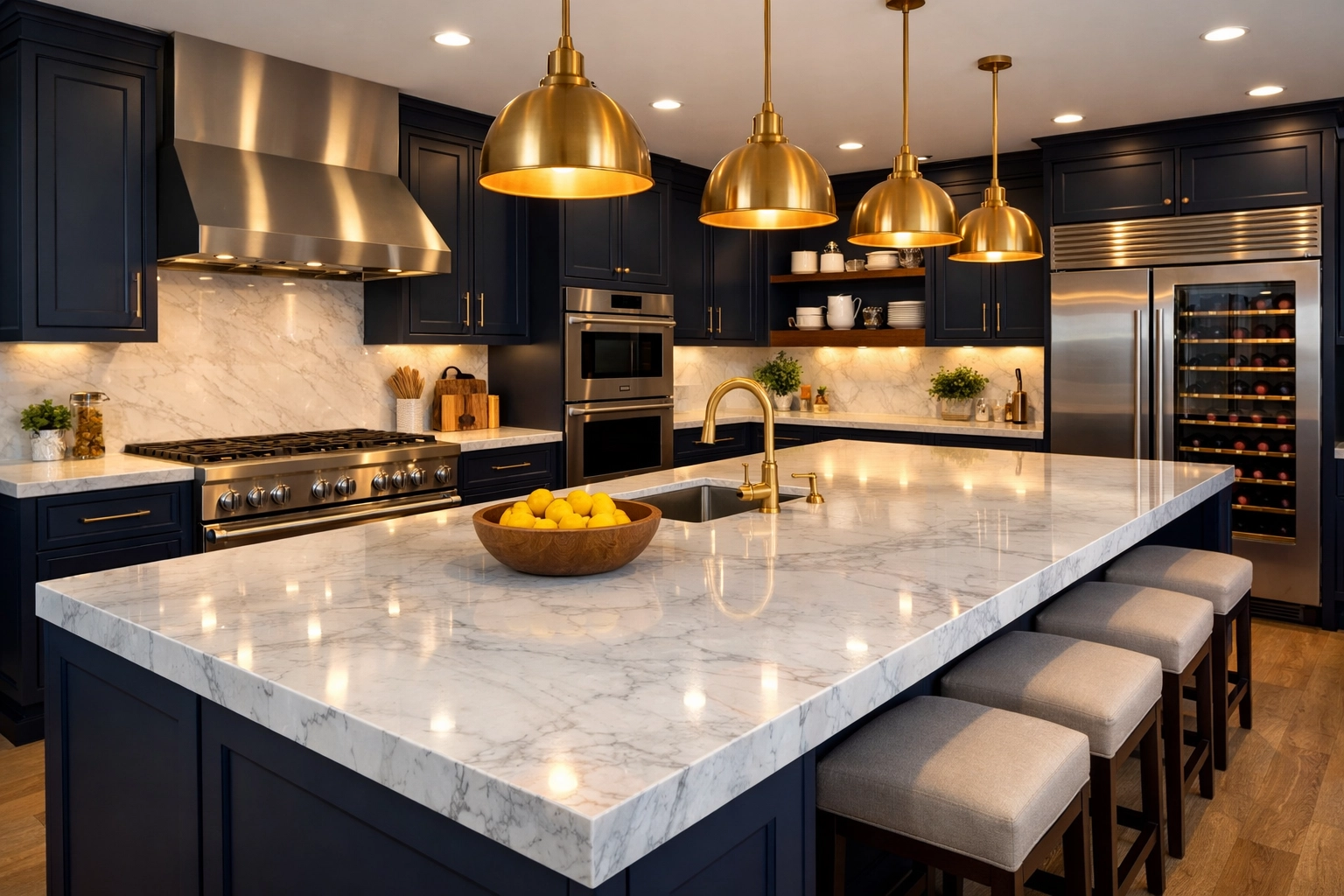 Spotless luxury kitchen in Lexington with a polished marble island and high-end residential cleaning results.