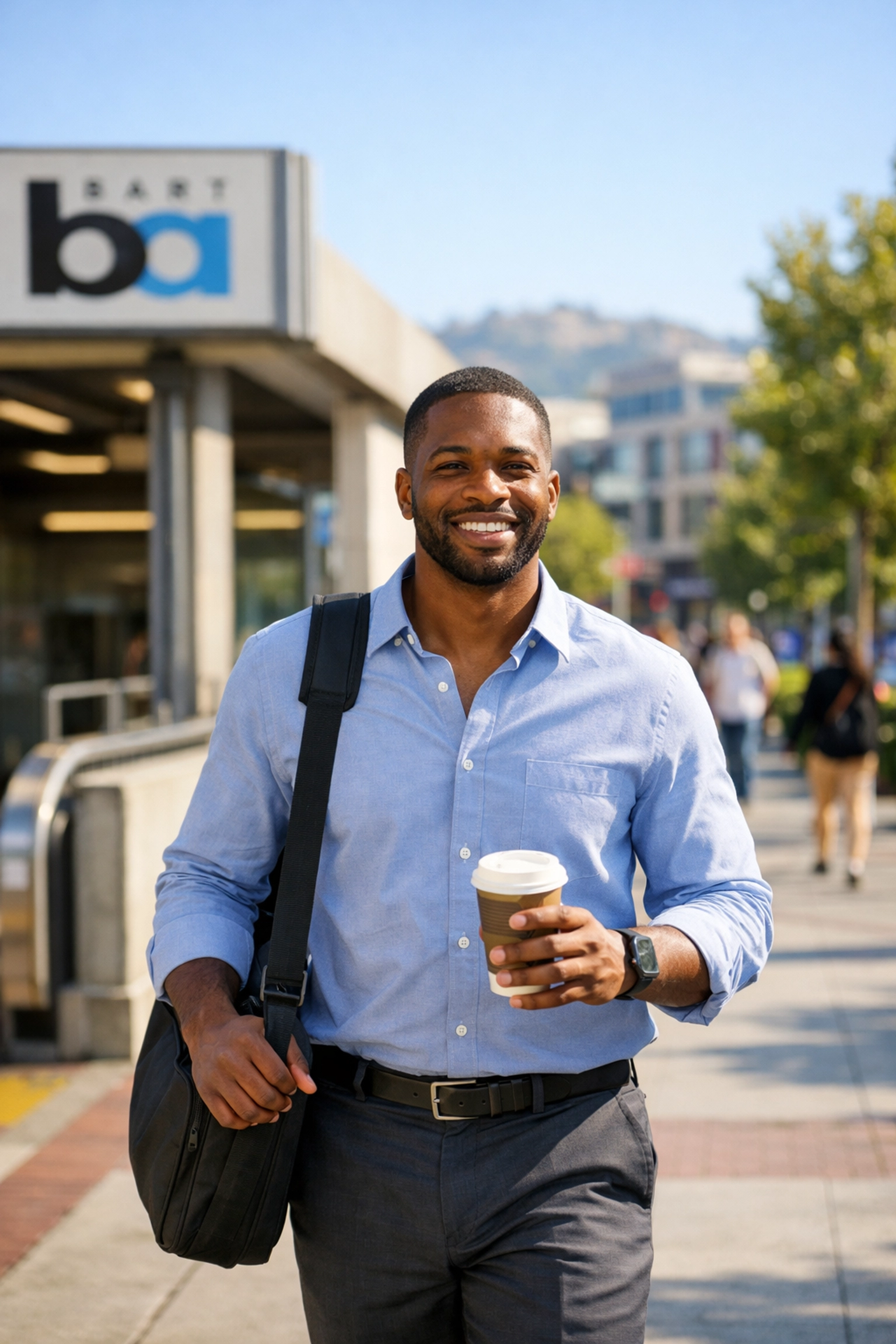 Commuter walking toward the Lafayette BART station highlighting transit-oriented development.