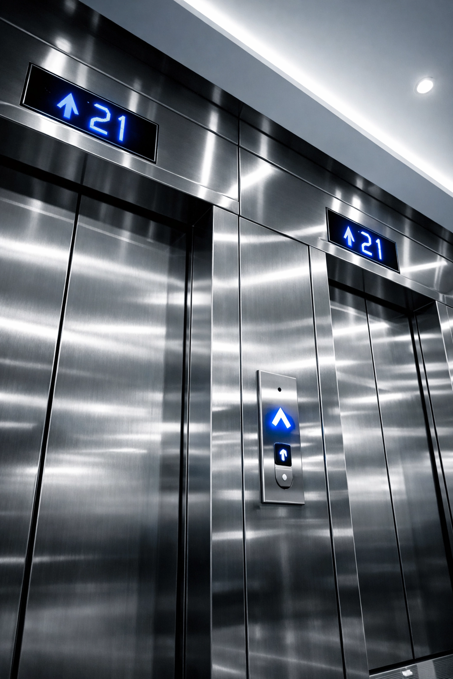 Spotless stainless steel elevator bank in a Stoughton commercial building cleaned by professional janitorial services.