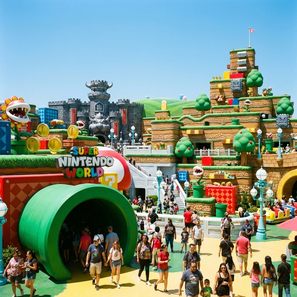 The vibrant Super Nintendo World entrance, featuring the iconic green warp pipe and colorful photo spots.