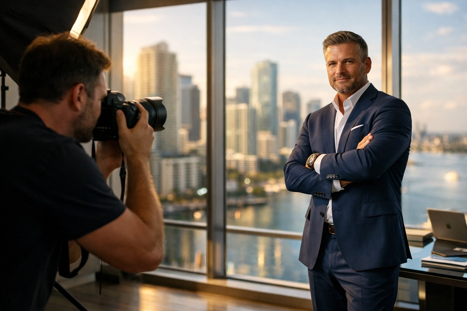 Professional brand photography session in a Brickell Miami office with a city skyline view.