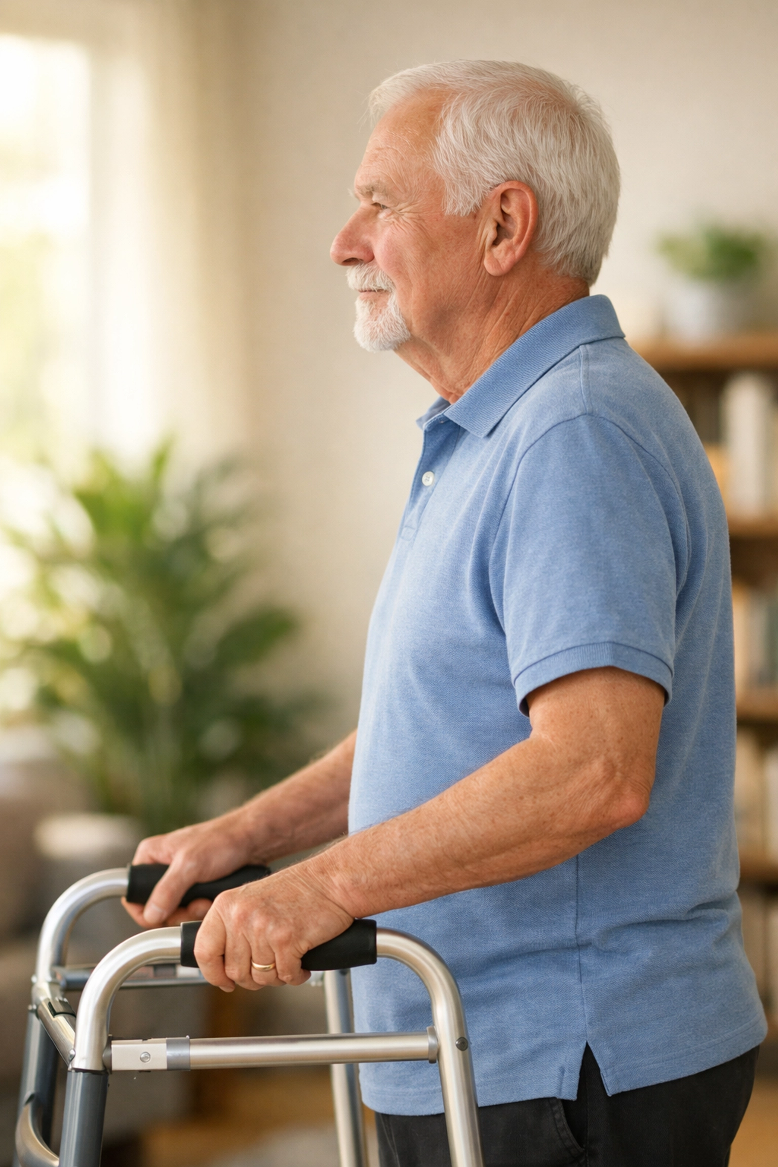 Senior man demonstrating proper walker height adjustment with a slight elbow bend for optimal stability.
