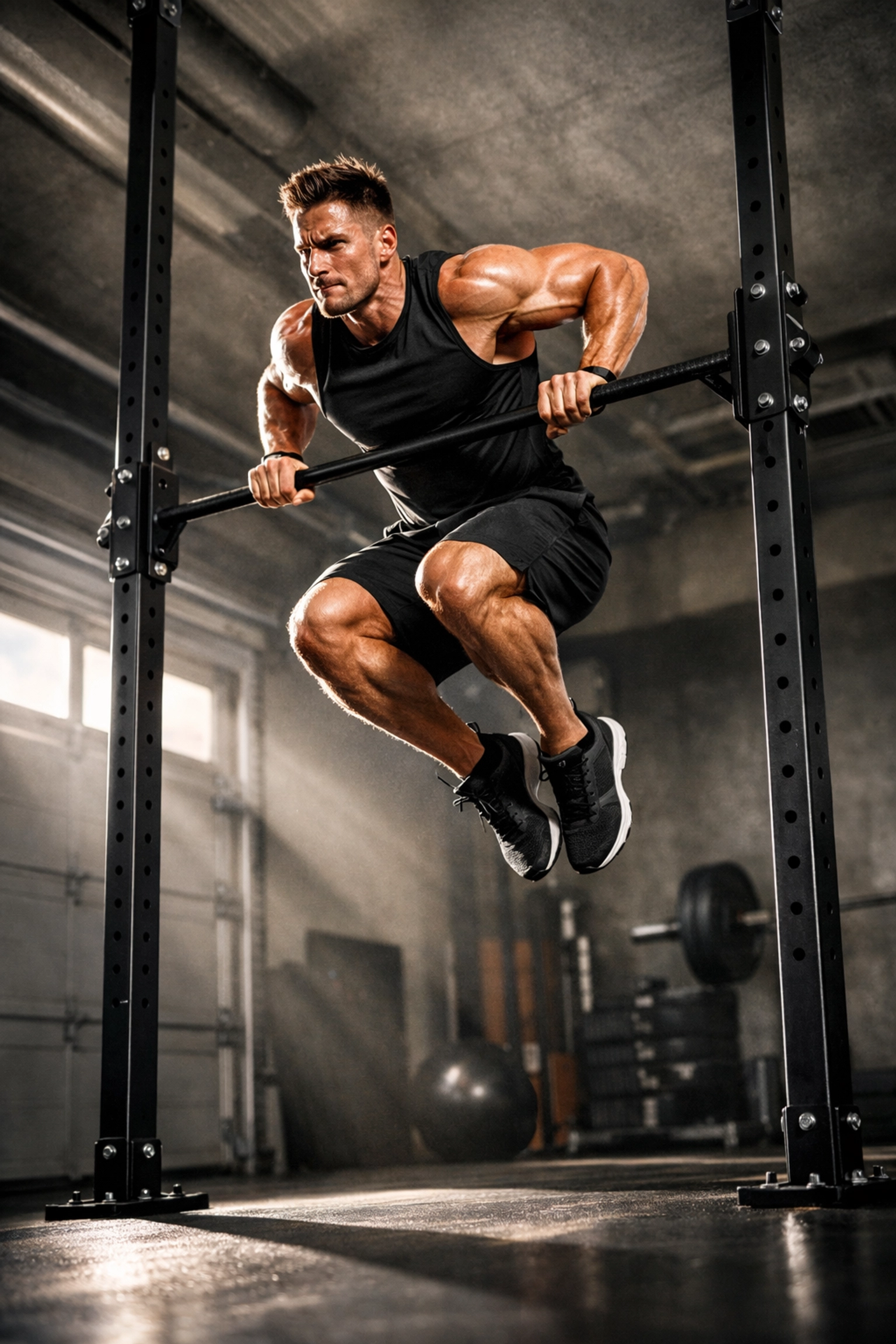 Athlete performing muscle-up on floor-to-ceiling gym system for versatile resistance training