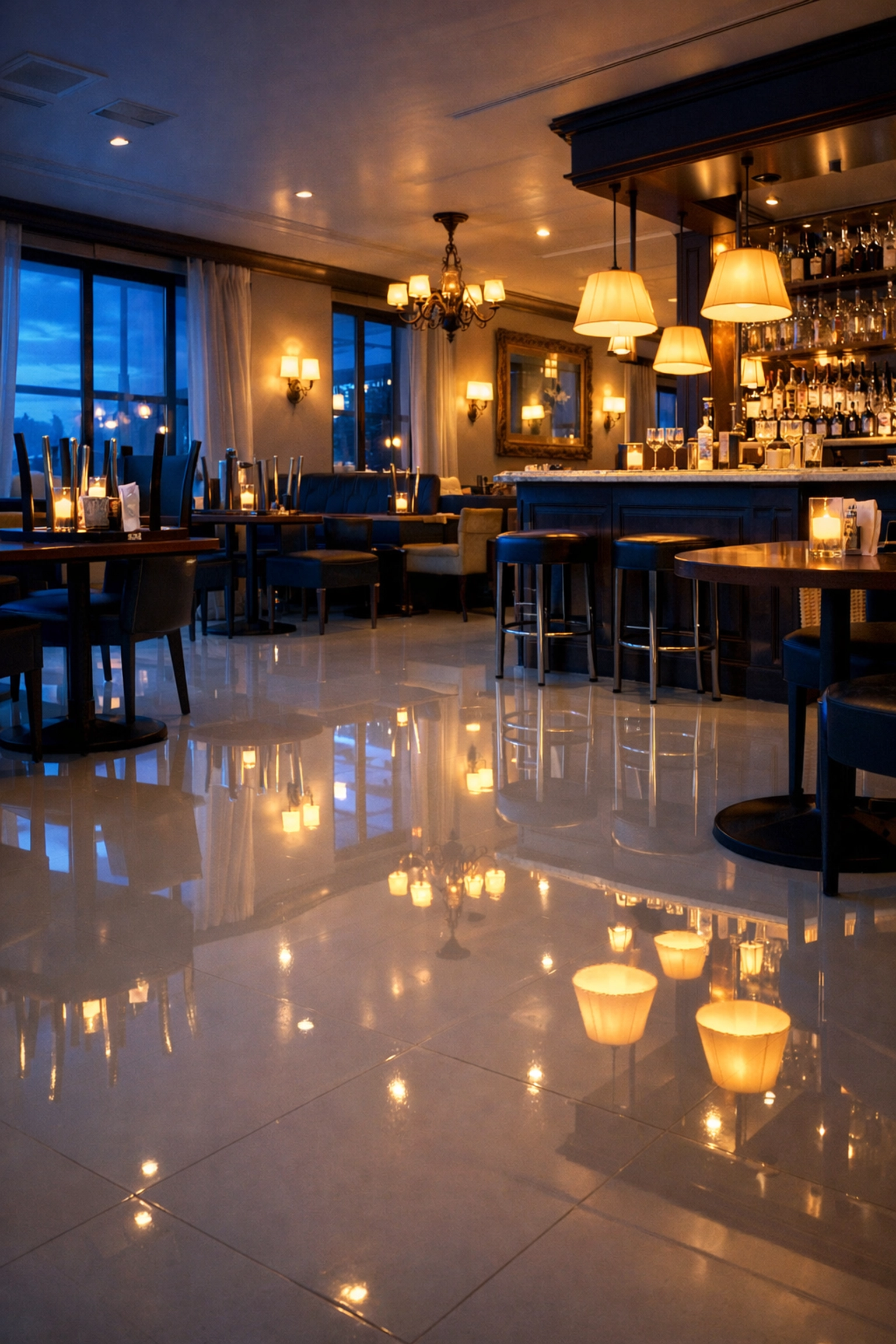 A spotless bistro dining room in Fitchburg after a professional overnight deep clean.