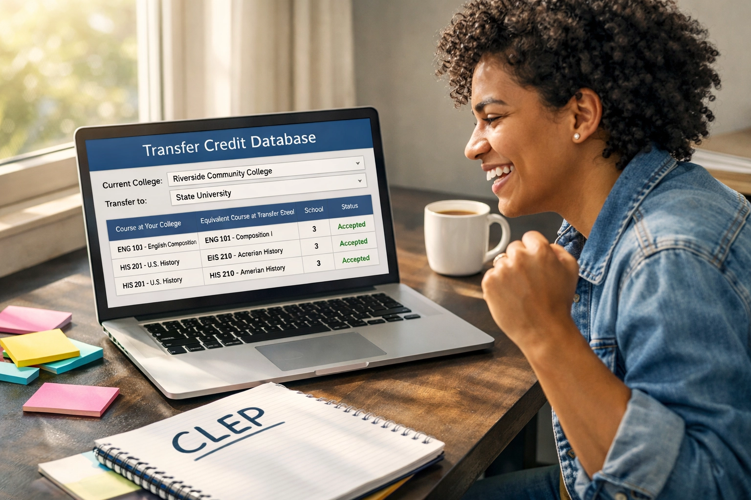Student checking CLEP acceptance on college transfer credit database (1x1, center safe zone) (1x1, center safe zone)