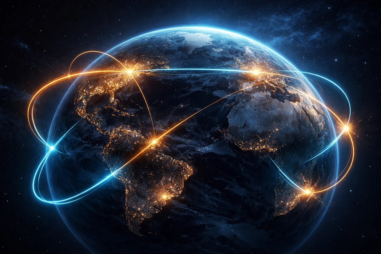 Glowing digital globe with transaction lines linking global cities, symbolizing borderless Web3 payments and seamless global reach through Larecoin.