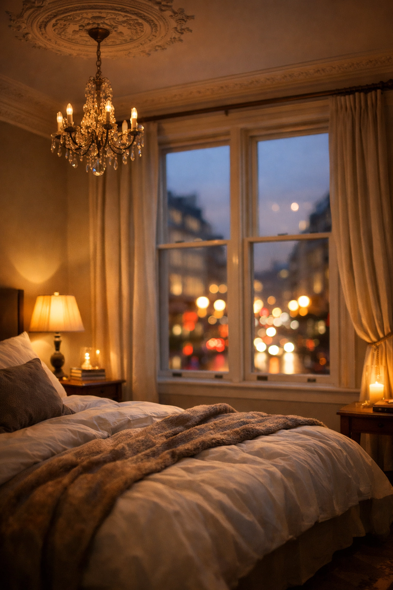 Peaceful Belgravia bedroom with secondary glazing blocking London street noise at dusk