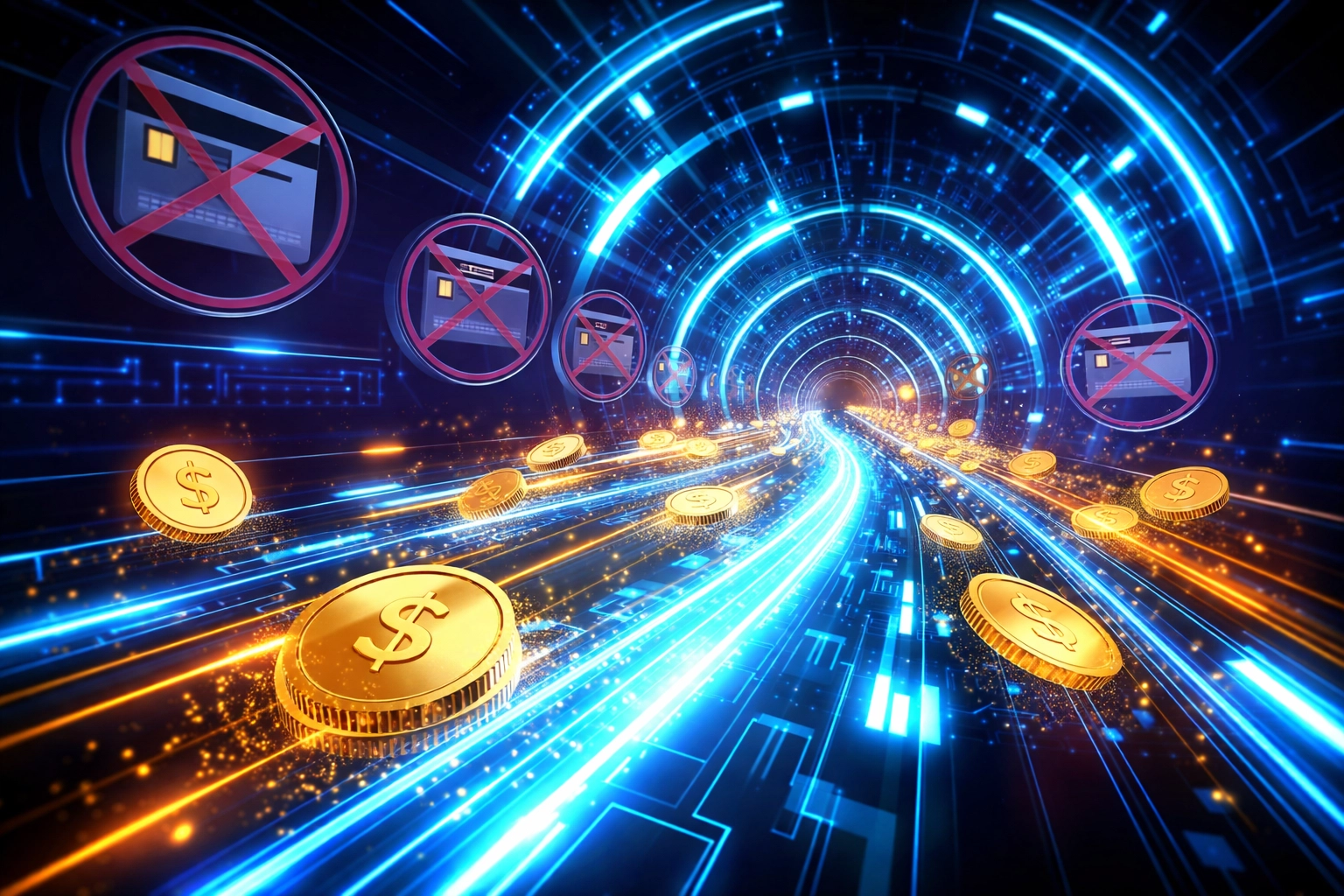 Visualization of digital payments with blockchain and dollar symbols bypassing credit card fees for LUSD stablecoin savings