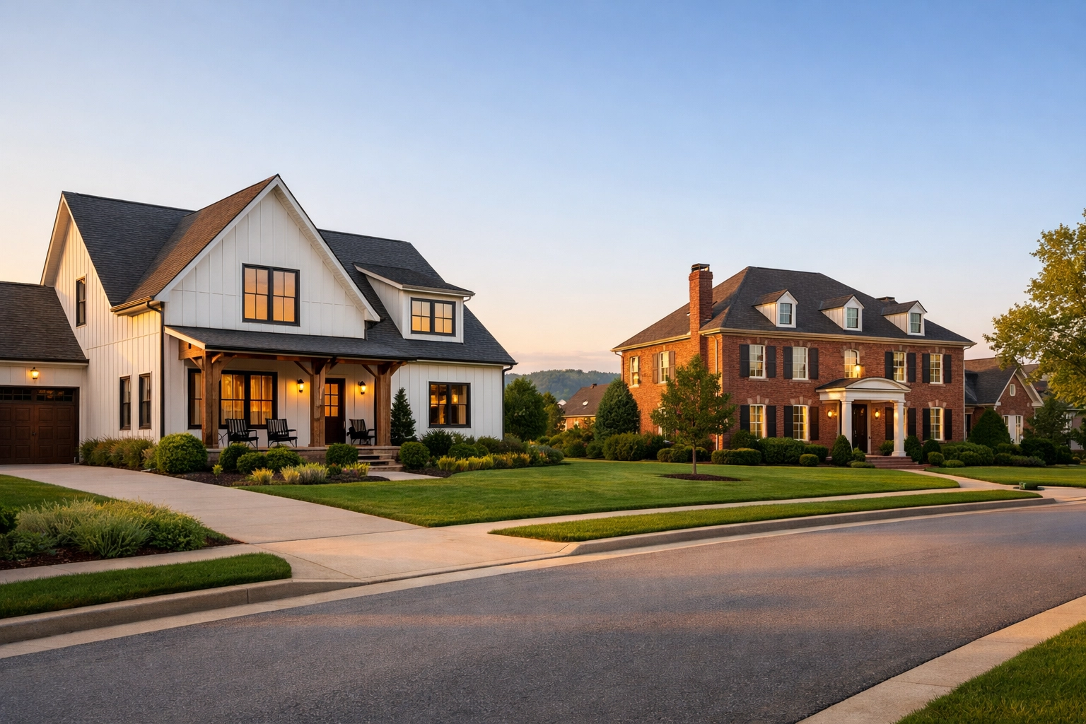 Upscale neighborhood street in the Tennessee Valley showing a healthy variety of available homes.