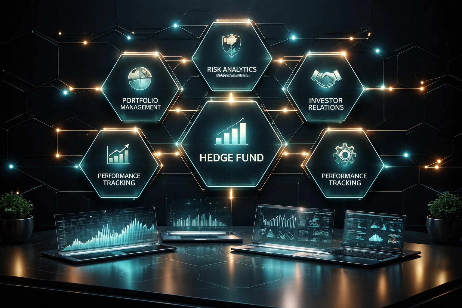Futuristic dashboard showing interconnected hedge fund strategies used for portfolio risk mitigation in 2026.